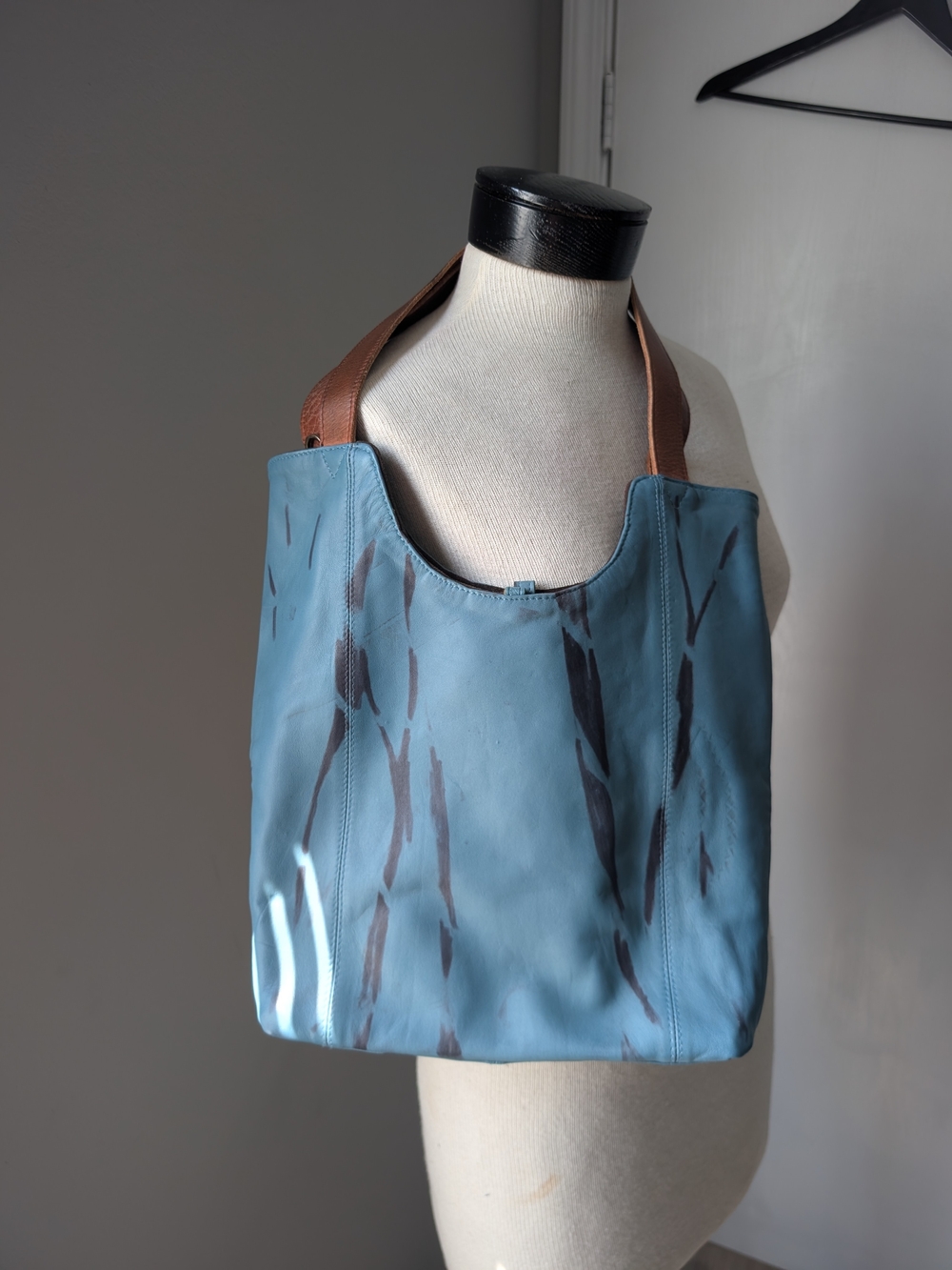 Blue Patterned Tote Bag Leather with Brown Straps, Reversible